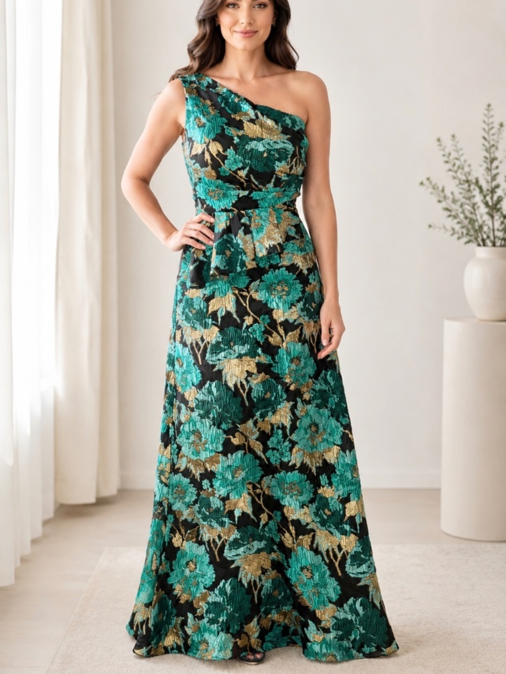 One-Shoulder Metallic Floral Jacquard Maxi Dress NWT – Size 4